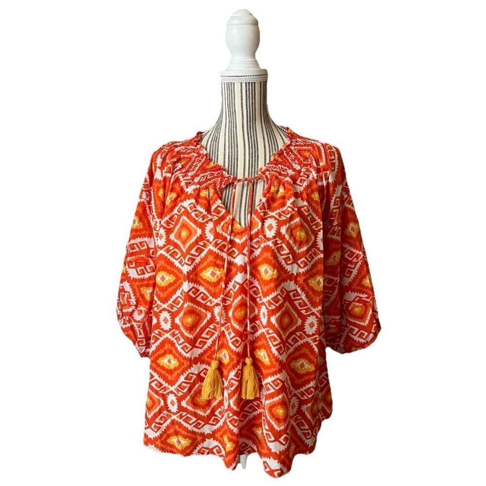 Ivy Jane Top Womens Medium/Large Orange Tan Floral Boho Peasant Embroidery